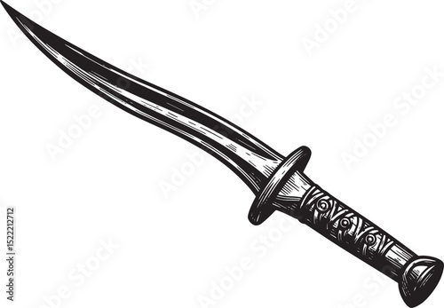 Antique Kopis Sword Woodcut Illustration with Intricate Detailin