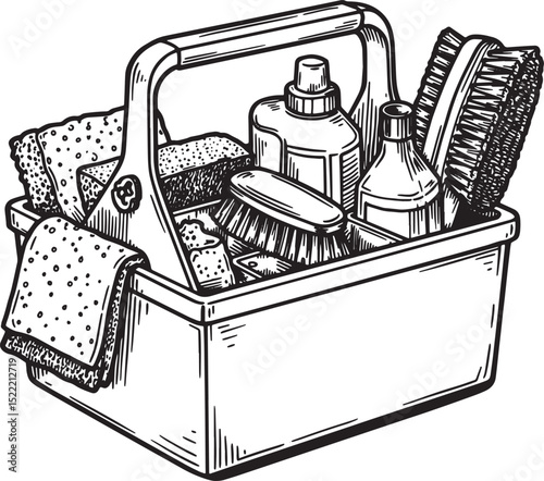 Monochrome Illustration of a Cleaning Caddy with Cleaning Suppli