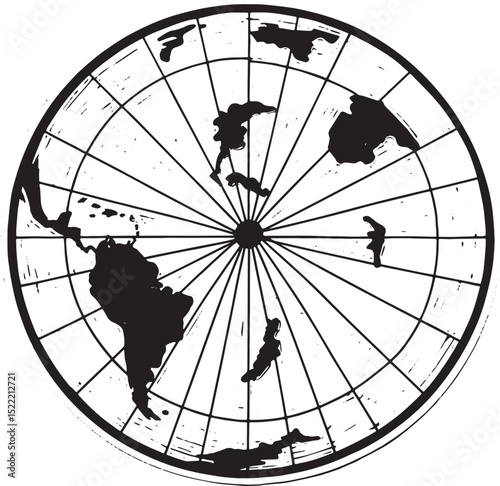 Monochrome World Map Illustration Depicting Continents with Lati