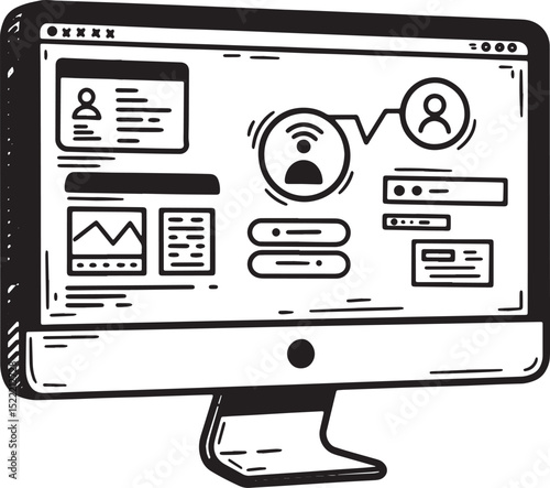 Monochromatic woodcut drawing of a computer screen sharing inter