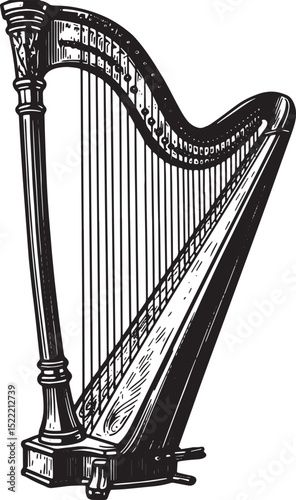Elegant woodcut style harp illustration in black and white tones