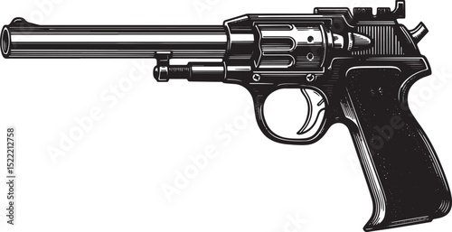 Monochrome Illustration of a Detailed Handgun with Engraved Desi