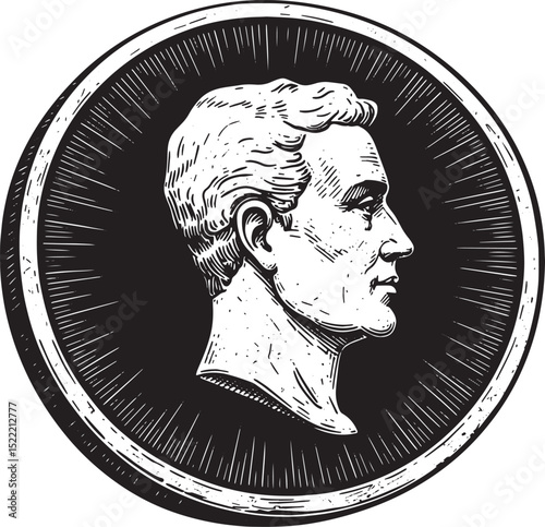 Monochrome Coin Portrait Illustration in Woodcut Style Detailing