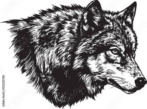 Intricate Woodcut Illustration of a Majestic Wolf Head in Black