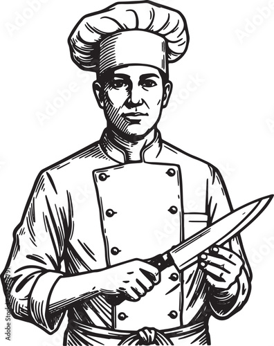 Elegant woodcut drawing of a personal chef holding a sharp knife