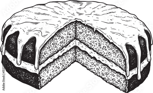 Monochrome woodcut illustration of a lemon drizzle cake with a s