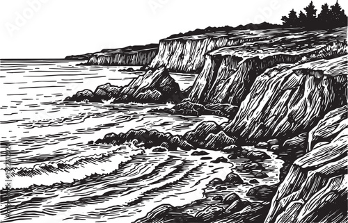 Monochrome Woodcut Illustration of a Rocky Coastline with Crashi