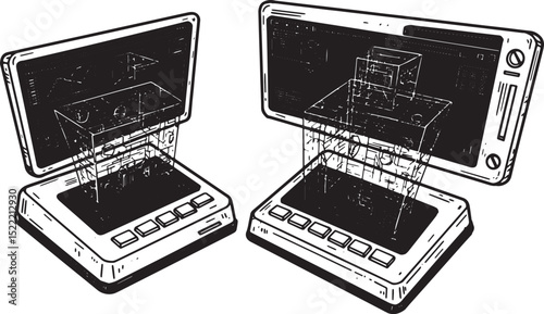 Monochrome Illustration of Holographic Displays Showing Wirefram