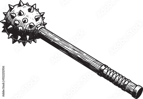 Illustration of a Medieval Spiked Mace Weapon with Woodcut Style
