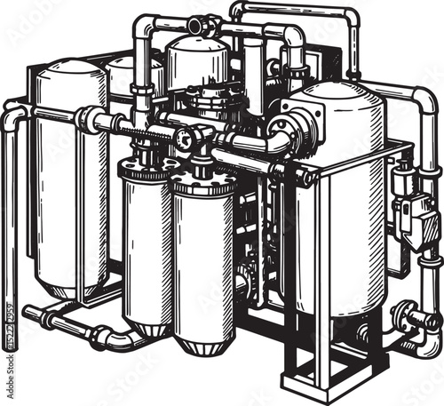 Detailed Black and White Woodcut Illustration of Filtration Unit