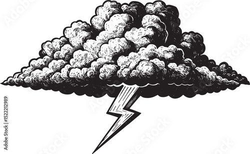 Dramatic Woodcut Illustration of a Thundercloud with Lightning B