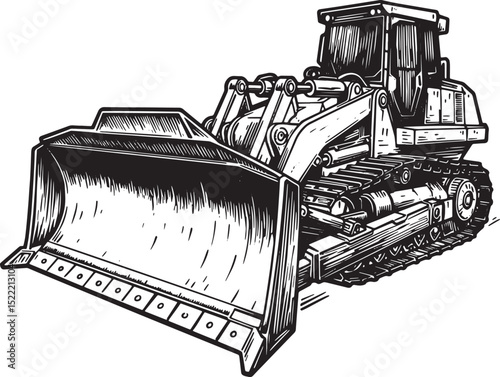 Detailed Woodcut Illustration of a Powerful Dozer Blade Vehicle