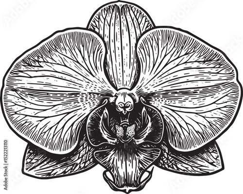 Exquisite Orchid Flower Illustration in Black and White Woodcut