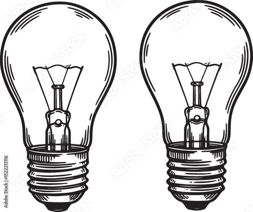 Monochrome Woodcut Style Illustration of Two Retro Light Bulbs