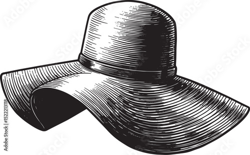 Elegant Wide Brim Hat Woodcut Style Illustration in Black and Wh