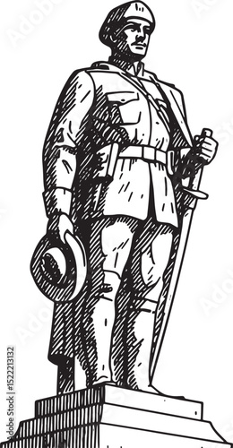 Statue of a National Hero, Woodcut Style Illustration in Black a
