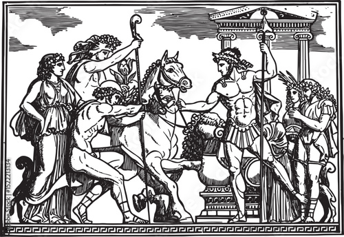 Ancient Greek Scene Woodcut Illustration Depicting Mythological