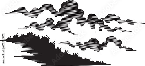 Monochrome Woodcut Illustration of Eerie Fog Over Grassy Hillsid