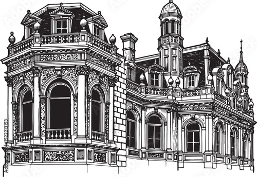 Detailed Woodcut Illustration of Victorian Era Heritage Architec
