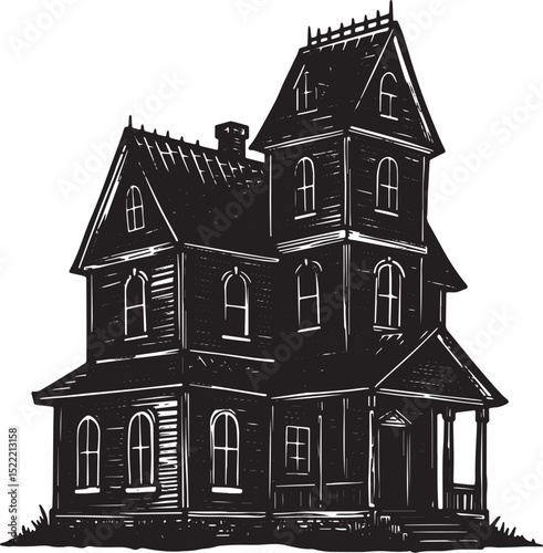 An eerie monochrome woodcut illustration depicting a haunted Vic