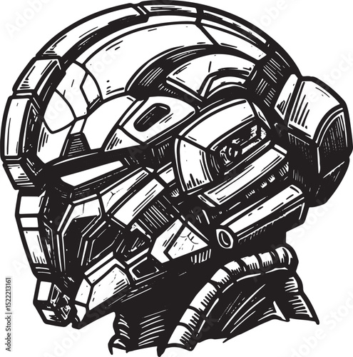Intricate Woodcut Style Illustration of a Sci-Fi Mech Suit Helme