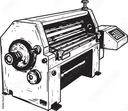 Detailed Black and White Woodcut Style Illustration of Industria