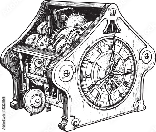 Intricate Renaissance Clock Woodcut, A Detailed Black and White