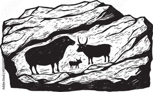 Prehistoric cave art woodcut drawing featuring animals illustrat
