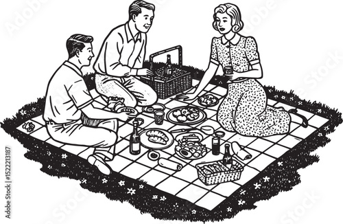 Vintage Woodcut Illustration of a Family Enjoying an Outdoor Pic