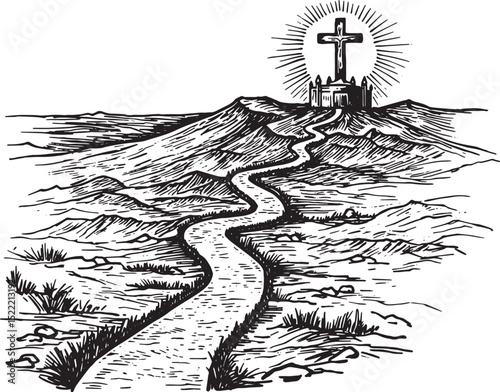 Pilgrimage Route Engraving, A Winding Path to Faith and Spiritua