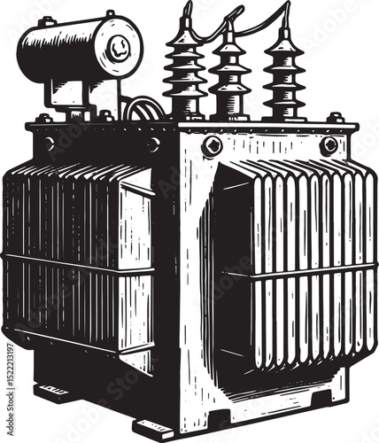 Vintage Electrical Transformer Woodcut Illustration for Energy T
