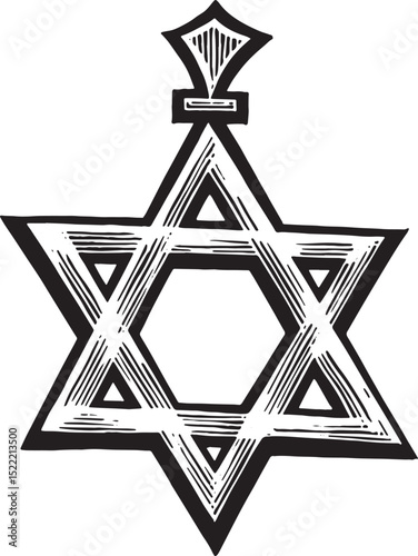 Stylized Woodcut Illustration of the Star of David Religious Sym
