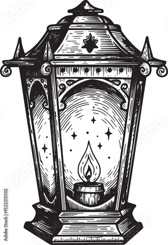 Enchanting Woodcut Illustration of a Magical Lantern Emitting a