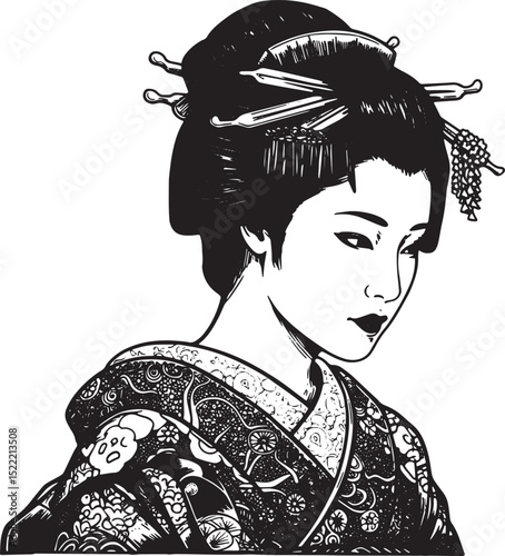 Elegant geisha portrait in traditional japanese style woodcut dr