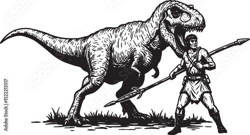 Black and White Woodcut Illustration of T-Rex Hunter Confrontati