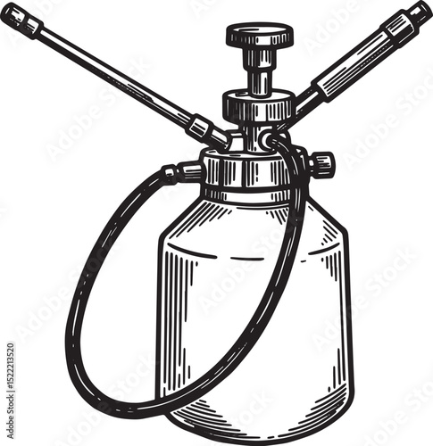 Antique Hand Pump Sprayer Woodcut Illustration for Gardening and