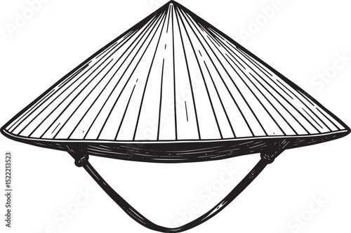 Woodcut Drawing of a Traditional Conical Hat in Black and White