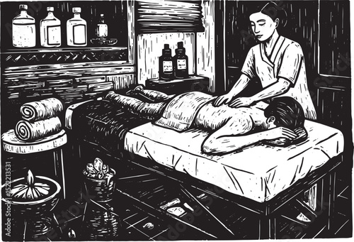 Woodcut Illustration of a Spa Treatment, Relaxation and Wellness