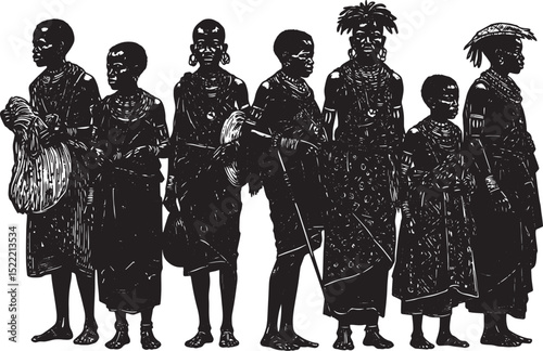Monochrome Woodcut Illustration of a Group of People from an Eth