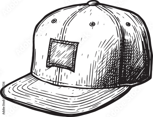 Detailed woodcut drawing of a stylish hip hop hat in monochrome