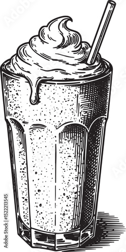 Elegant Woodcut Illustration of a Frothy Milkshake with Whipped