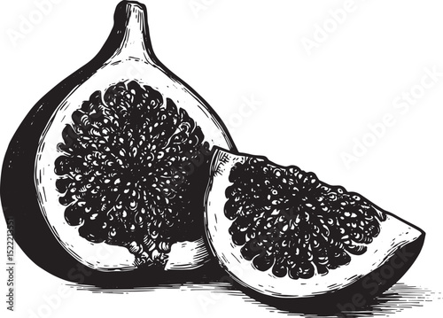 Elegant hand drawn fig illustration in a detailed woodcut style