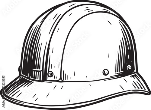 Monochrome woodcut drawing of an vintage engineer helmet isolate