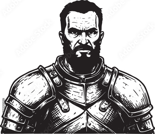 Stern warlord in detailed armor woodcut illustration artwork sty