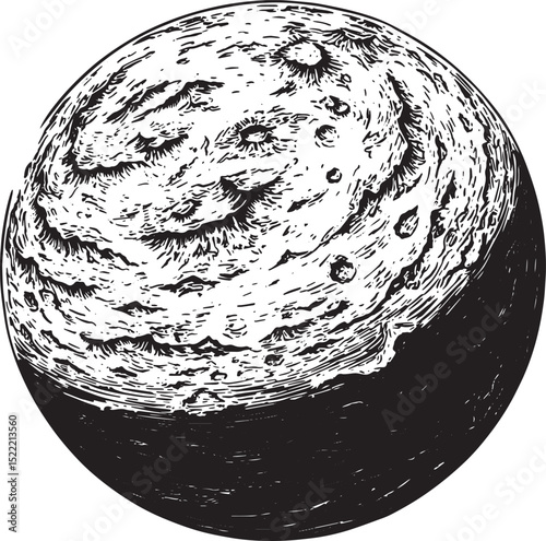Monochromatic Planet Illustration, Woodcut Style Surface Detail