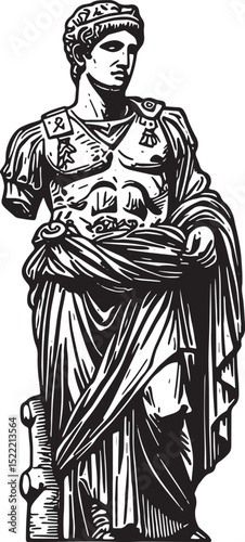 Striking woodcut illustration of a Roman statue evoking ancient