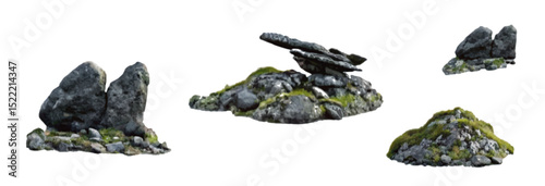 Set of realistic rocks and boulders, stones overgrown with moss, beautiful background of stones of different sizes for design, vector, png.	
