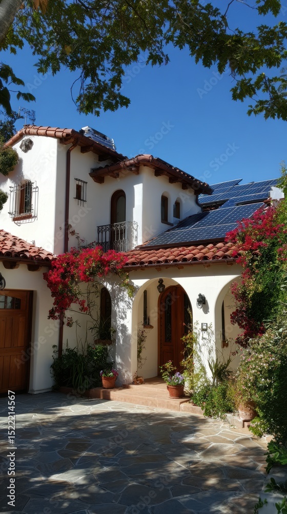 A stunning image of solar Panels on Spanish Revival Villa in Santa Barbara, California, Stucco Home with Red-Tiled Roof, Arched Doorways, Wrought-Iron Details, Clean Energy. A stunning image of solar Panels on Spanish Revival Villa in Santa Barbara, California, Stucco Home with Red-Tiled Roof, Arched Doorways, Wrought-Iron Details, Clean Energy.