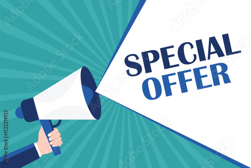 Special offer, promotion with loudspeaker, advertising marketing concept, hand holding megaphone