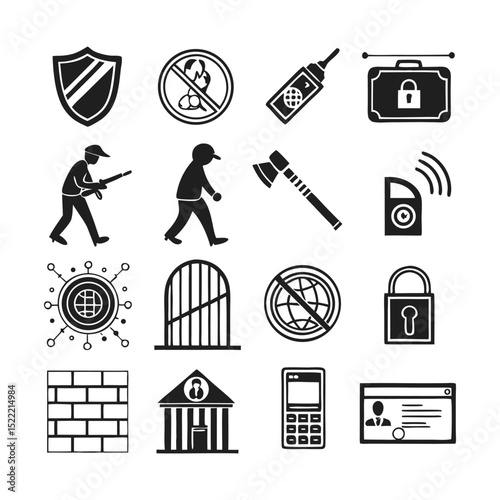 Access Control and Security Glyph Icons – Vector Illustrations of Clearance Levels, Facial Recognition, Keypad, Password, Identification Badge, and User Permissions
